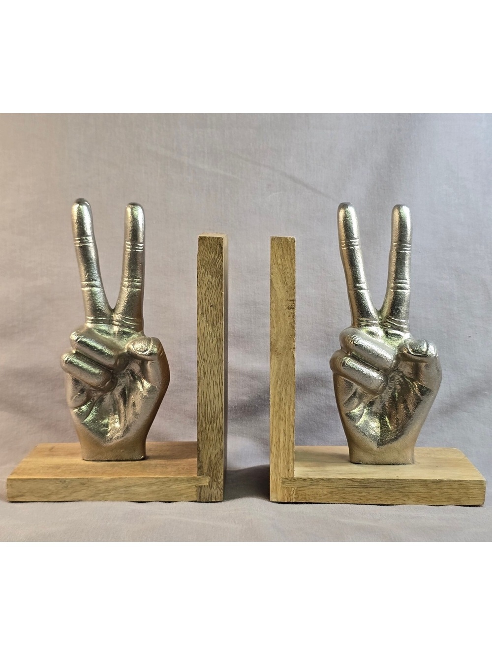 Peace Sign Two 2 Hand Bookends Metal Gold Wood Base Office Decor Victory Dueces